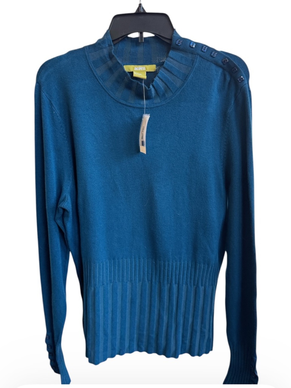 Acorn teal blue knit sweater high ribbed collar and decorative buttons Size XL